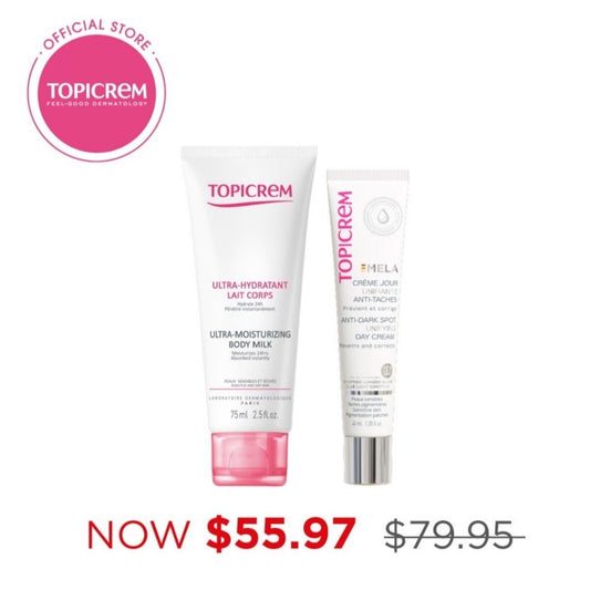 [Bundle] Topicrem Mela Anti-Dark Spot Unifying Day Cream SPF50+ 40ml + Ultra-Moisturizing Body Milk (75ml), Day Routine